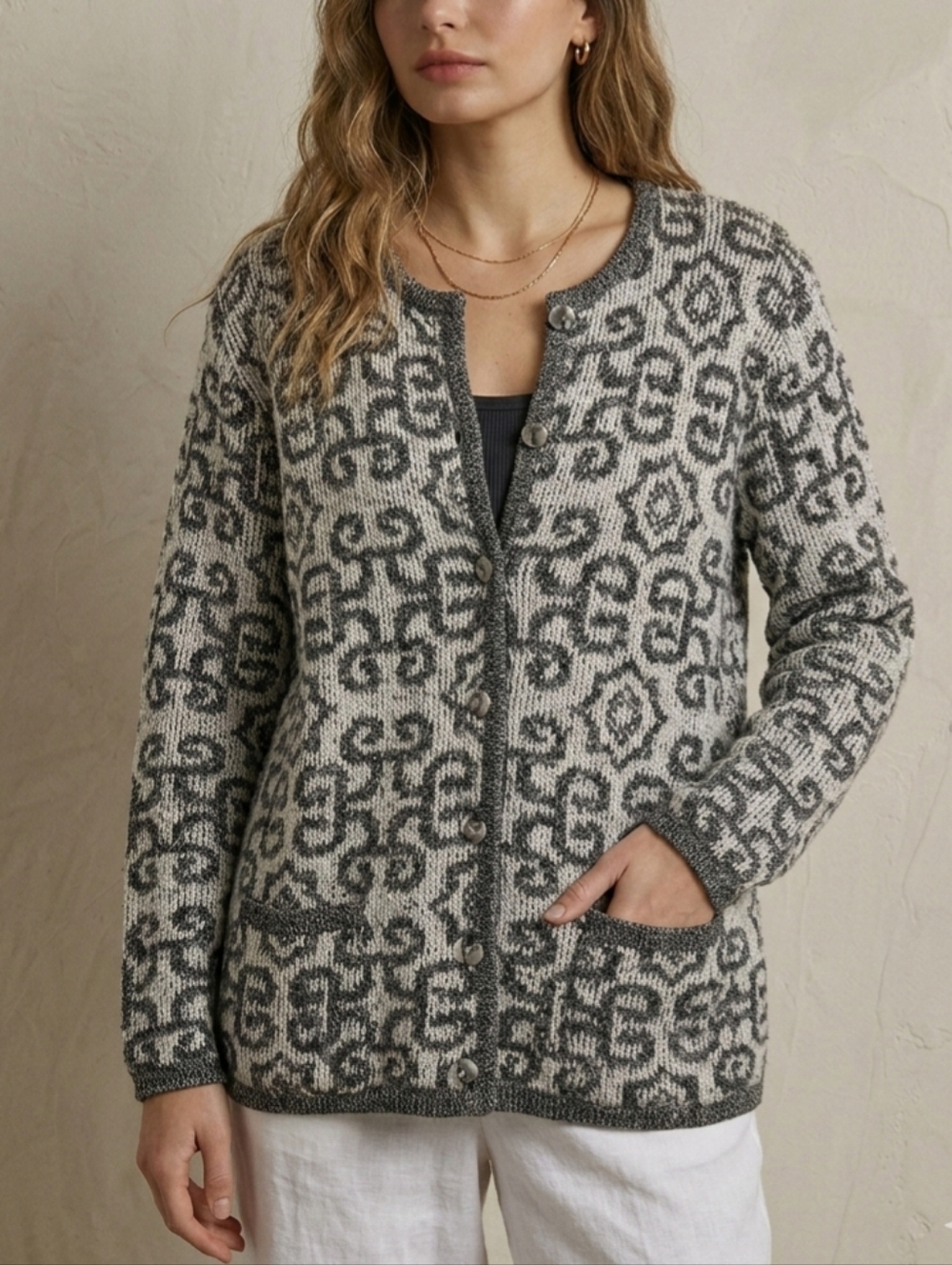 Vintage D'Allaird's Grey & White Patterned Button-Front Cardigan Grandmacore